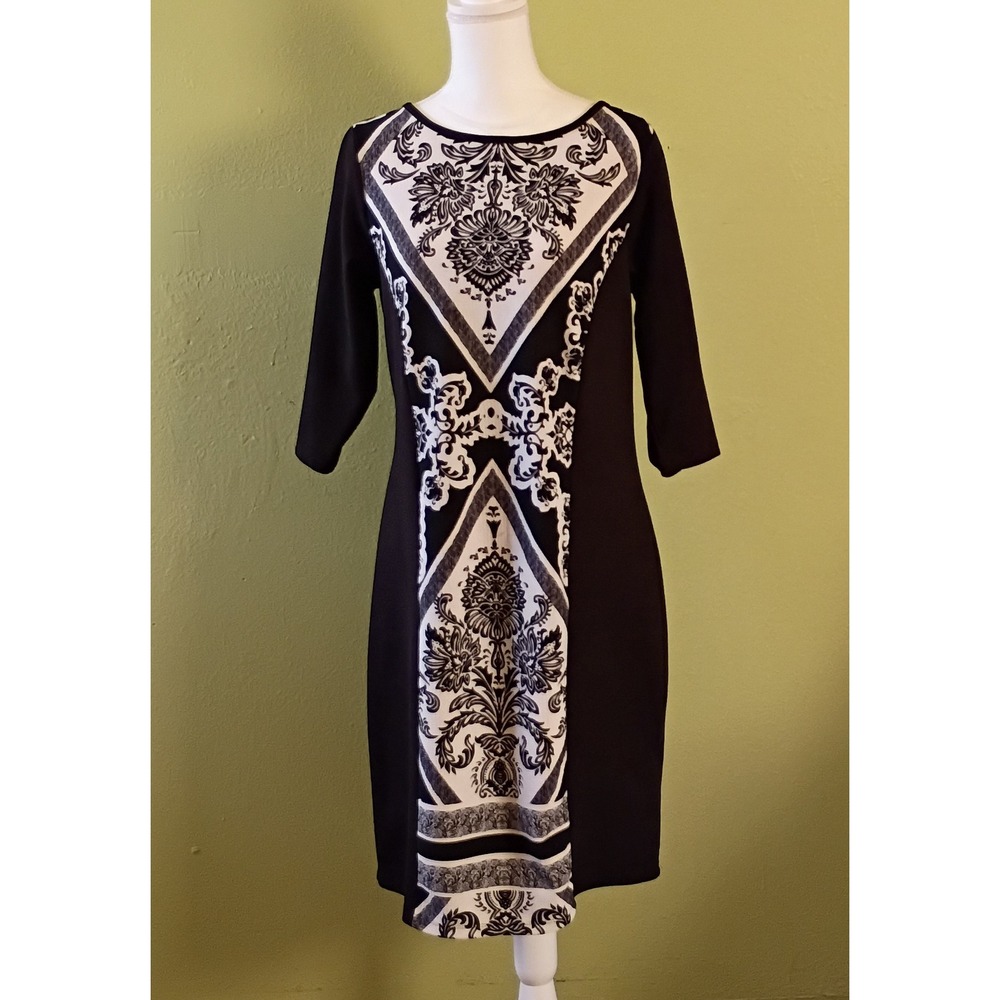 CBK Effect Mod Office Siren Black White Jersey Stretch Dress Womens L Large